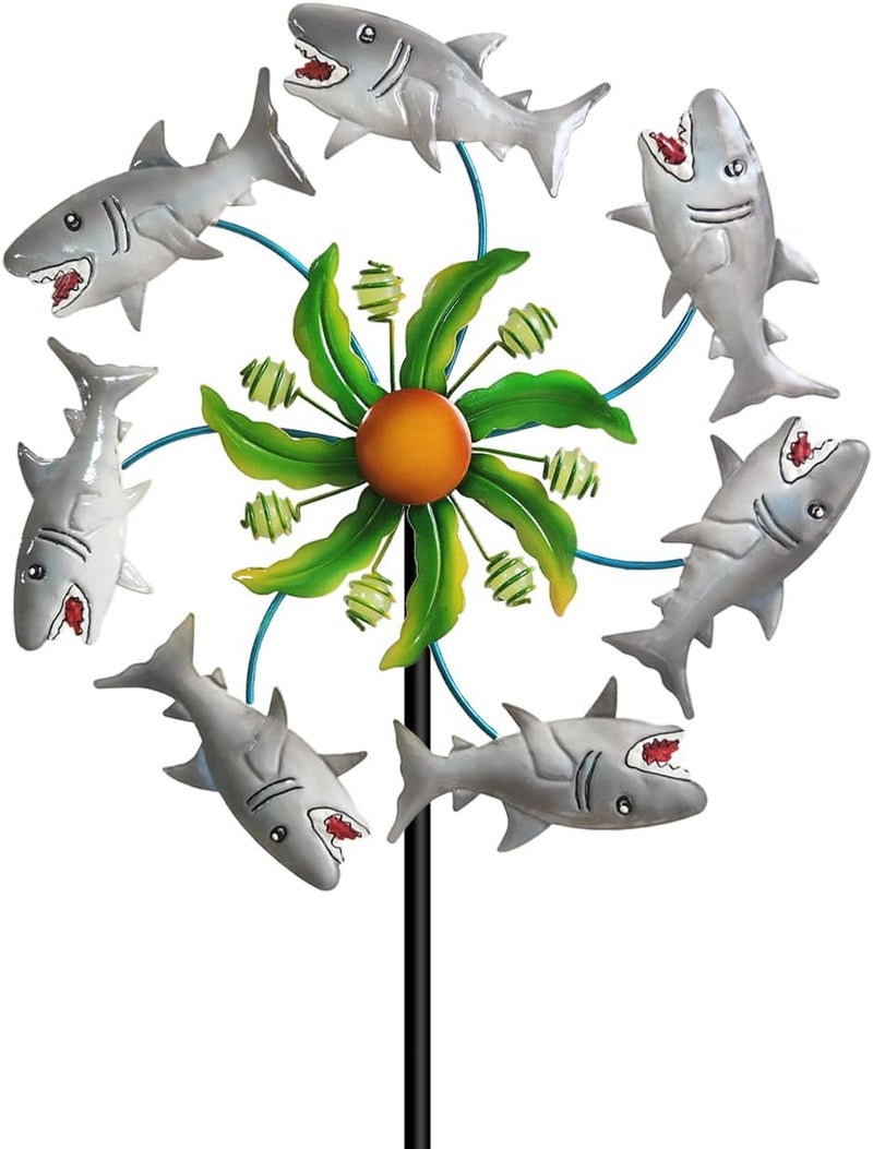Senflame Shark Outdoor Wind Spinners - 39" Ocean-Themed Metal Wind Sculptures Garden Stake Art, 13.5” Windmill Yard Kinetic, Outdoor Decor for Patio & Lawn - Metal Beach Sculpture with Shark Design - Image 1